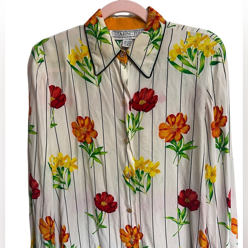 Vintage 90s Silk Floral Blouse French Cuffs Gold Buttons Sz 8 Botanical Print